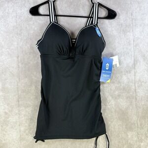 Free Country Swimwear Women Small Tankini Top Black Underwire Padded Shirred